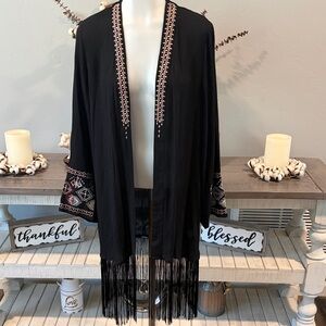 Embroidered Black Fringe Open-Front Kimono